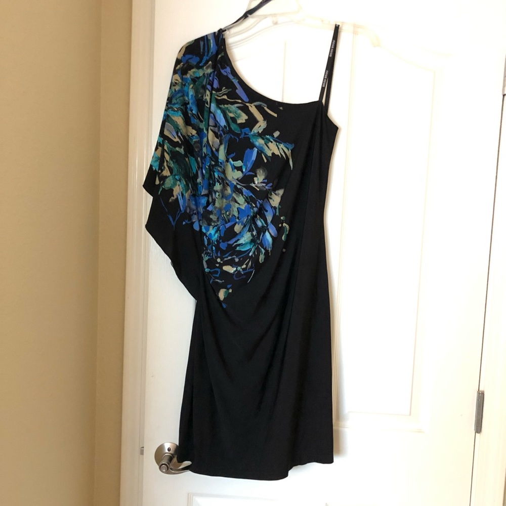 Asymmetrical black dress with floral print